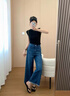 憶思減大碼女裝2025春秋季新款直筒牛仔褲顯瘦胖妹妹寬松小個子闊腿長褲 深藍色 M 建議100-110斤 曬單實拍圖