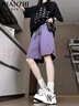 棉致美式高腰排扣工裝冰絲短褲女夏季薄款2025新款小個(gè)子寬松五分褲 紫色【D53高品質(zhì)18】 XL 120-140斤 曬單實(shí)拍圖