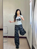 自由系迷彩闊腿牛仔褲女2025秋季新款美式高街高腰顯瘦寬松直筒拖地長(cháng)褲 曬單實(shí)拍圖