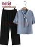 俞兆林（YUZHAOLIN）媽媽裝套裝夏季新款中老年女裝老太太時(shí)尚休閑兩件套老年女裝夏季 藍(lán)色（+黑色闊腿褲） 3XL （建議115-125斤） 曬單實(shí)拍圖