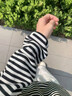索菲堡韓版藍白條紋衛衣女款秋季超火潮流chic松弛感慵懶風(fēng)寬松長(cháng)袖上衣 藍色條紋 M 曬單實(shí)拍圖