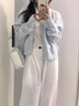 妍莉芬（yanlifen）休閑褲女2025年秋裝新款藍(lán)色毛衣外套女裝春秋套裝針織衫衣服褲子 三件套 55/60kg/L 曬單實(shí)拍圖