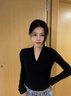 別語深V領修身打底衫女春秋氣質顯瘦高級感長袖t恤緊身上衣 黑色  L  曬單實拍圖