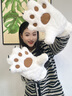 珩昀卡通可愛(ài)熊掌貓爪毛絨手套女兒童掛脖學(xué)生加絨加厚防風(fēng)寒冬季騎車(chē) 白色- 【貓爪全包戴繩】 曬單實(shí)拍圖