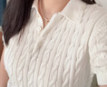 ELAND衣戀針織T恤女甜美絞花小圓領(lǐng)修身顯瘦短袖上衣2025夏季新款 象牙白/白色(39)Ivory S /160 曬單實(shí)拍圖
