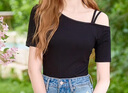 歌依妮夏季新款女裝甜美黑色顯瘦短款露肩斜肩打底衫短袖T恤衫體恤上衣 白色 S 曬單實(shí)拍圖