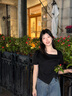 唐思薇設計感不規則短袖T恤女2025夏季時(shí)尚不對稱(chēng)個(gè)性斜領(lǐng)抽繩上衣女裝 黑色 S 建議65-90斤 曬單實(shí)拍圖