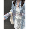 韓系純棉格子襯衫女2025女裝新款寬松慵懶風(fēng)長(cháng)袖襯衣外套休閑上衣 藍格子 M 建議95-105斤 曬單實(shí)拍圖