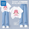 真維斯女童夏裝套裝2025新款女孩夏季短袖中大童衣服兒童夏裝天絲牛仔褲 【兩件套】白色(藍(lán)粉花)淺藍(lán) 160 曬單實(shí)拍圖