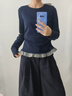 藏青色蝴蝶結(jié)格子拼接下擺長(zhǎng)袖T恤女2025秋冬褶皺修身打底衫上衣 藏青色 M 曬單實(shí)拍圖