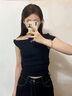 巧丂黑色短款斜肩短袖t恤女夏季露肩修身短袖正肩上衣2025新款 黑色 XL 曬單實(shí)拍圖