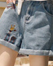 紫涵（ZIHAN）紫涵刺繡復(fù)古牛仔短褲女夏季新款高腰寬松顯瘦闊腿卷邊五分褲 淺牛仔藍(lán) M 曬單實(shí)拍圖