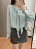 范思藍恩不規則荷葉邊襯衫女2025秋裝新款韓系通勤V領(lǐng)襯衣上衣女 水藍色 XS 曬單實(shí)拍圖