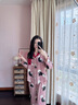 安之伴睡衣女春秋季甜美顯瘦條紋貓咪印花休閑開衫長袖長褲家居服套裝 A酒紅 S 曬單實拍圖