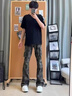燦圖美式高街窄版牛仔褲男春秋季潮流cleanfit褲子修身顯瘦微喇長褲 迷彩色 XL 曬單實(shí)拍圖
