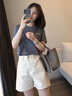 妍莉芬（yanlifen）夏裝女裝2025新款穿搭衣服顯瘦時(shí)尚港風(fēng)復(fù)古甜美上衣短褲兩件套裝 灰色T恤+米白短褲套裝 XL【建議120-140斤】 曬單實(shí)拍圖