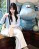 溫格芳 休閑褲女2025秋季新款韓系穿搭減齡時尚套裝氣質(zhì)高腰牛仔闊腿褲 假兩件上衣+牛仔褲 M 曬單實(shí)拍圖