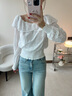 森馬（Semir）長袖襯衫女短款白色繡花浪漫秋2025新款荷葉邊一字肩襯衣溫柔 本白10101 S 曬單實拍圖