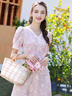 勿忘花碎花氣質(zhì)短袖連衣裙女2025夏季新款泡泡袖修身顯瘦裙子 紫色 L 曬單實拍圖