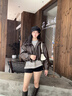 對白【杜鵑同款】PU皮翻領(lǐng)短款羽絨服女2025冬季新款保暖皮衣夾克 巧克力棕 L 曬單實(shí)拍圖