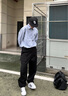 ACTUP呂小虎春秋套裝日系潮牌大口袋工裝直筒休閑褲男一套搭配長(cháng)袖襯衫 水洗黑 (長(cháng)褲) L 175 曬單實(shí)拍圖