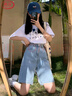 浪莎五分牛仔短褲女夏季2025新款直筒港味高腰寬松顯瘦a字闊腿中褲潮 曬單實拍圖