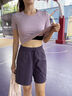 PHIGEER馬拉松跑步運動(dòng)套裝女夏季后口袋放手機健身訓練服專(zhuān)業(yè)速干五分褲 粉紫色兩件套（紫褲） M 曬單實(shí)拍圖
