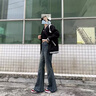 小野七天褲子女復古藍毛邊微喇牛仔褲微胖大碼女裝秋款高腰顯瘦百搭牛仔褲 普魯士藍 M 曬單實(shí)拍圖