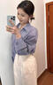羅蒙法式時(shí)尚長(cháng)袖設計襯衫藍色條紋新款蕾絲假兩件氣質(zhì)休閑襯衣 藍色條紋 花邊領(lǐng) M 96-105斤 曬單實(shí)拍圖