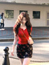 FOX.G短袖t恤女潮流衣服女裝夏季新款2025女款t恤衫紅色上衣半袖正肩 紐扣紅色純欲上衣 M 【建議100-110斤】 曬單實(shí)拍圖