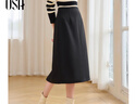 歐莎（OSA）知性通勤黑色直筒顯瘦半身裙女2025秋新款高腰彈力開(kāi)衩A字裙子 黑色 M 曬單實(shí)拍圖