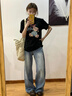 一寸相思黑色純棉短袖t恤女2025夏季新款爆款寬松大碼體恤卡通印花上衣ins 黑色-玩具小熊 L 推薦110-125斤 曬單實(shí)拍圖