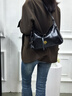 蔻一（Cnoles）晚晴包包女秋季新款牛皮單肩斜挎包高級感通勤hobo包包女款 黑色 曬單實(shí)拍圖