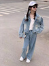 G.duck小黃鴨女童春裝牛仔套裝洋氣女孩大兒童春秋季時(shí)髦休閑外套闊腿褲 牛仔兩件套 160 cm 曬單實(shí)拍圖