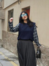 MsShe【假兩件拼接格紋】大碼女裝2025秋裝胖mm中長(cháng)款長(cháng)袖衛衣女 藏青藍色現貨 2XL 曬單實(shí)拍圖