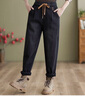 蘑菇同學(xué)加絨加厚牛仔褲女寬松2025冬季新款松緊腰抽繩顯瘦哈倫老爹褲 黑色 L (建議120-135斤) 曬單實(shí)拍圖