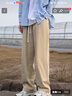 NEW OR MODE純棉工裝卡其色休閑褲子男士日系寬松直筒褲夏季美式垂感闊腿長(cháng)褲 卡其色 L 曬單實(shí)拍圖