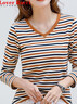 LOVER RUCCI純棉寬松V領(lǐng)條紋t恤女上衣外穿秋冬加厚保暖雞心領(lǐng)體恤長(cháng)袖打底衫 咖啡條紋 XL 建議115-125斤 曬單實(shí)拍圖