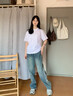 靖颯復古條紋拼接牛仔褲男春秋季學(xué)生寬松百搭vibe褲子高街潮流直筒褲 藍色 XL 曬單實(shí)拍圖