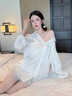 GUTK【100%桑蠶絲】性感睡衣女長(cháng)袖長(cháng)褲寬松純欲白襯衫真絲家居服套裝 白色 襯衫+短褲 M 【推薦95-110斤】 曬單實(shí)拍圖