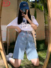 浪莎五分牛仔短褲女夏季2025新款直筒港味高腰寬松顯瘦a字闊腿中褲潮 曬單實(shí)拍圖
