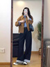 妍莉芬（yanlifen）2025秋季搭配套裝女復(fù)古燈芯絨外套格子襯衫衣服牛仔闊腿褲三件套 藍(lán)色格子襯衫+棕色外套+牛仔闊腿褲 M 曬單實(shí)拍圖