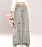 美式高街牛仔褲女大碼潮流設計感刺繡高腰顯瘦寬松直筒闊腿拖地褲 藍色 S 曬單實(shí)拍圖