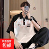 polo衫男士短袖夏季日系潮牌重磅t恤學(xué)院風(fēng)撞色拼接寬松半袖體恤 黑色+藍色 XL 曬單實(shí)拍圖