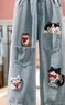女童牛仔褲春秋新款中大童卡通貓咪刺繡牛仔褲兒童直筒寬松闊腿褲 毛巾繡牛仔褲 130 cm建議身高120-130 曬單實(shí)拍圖
