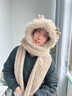 KINGXIAOJING冬天小鹿角毛茸保暖護耳三件套加厚圍巾手套一體帽子女 白色 曬單實(shí)拍圖