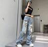 派吉鯊高個(gè)子褲長(zhǎng)170美式破洞牛仔褲女淺色高腰辣妹休閑直筒闊腿乞丐褲 藍(lán)色短款 適合165cm身高以下 L 適合110-120斤 曬單實(shí)拍圖