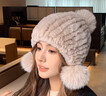 恒源祥真獺兔毛皮草帽子大狐貍毛球包頭帽針織帽冬季抗寒保暖加厚護耳帽 淺灰色 可調節 曬單實(shí)拍圖