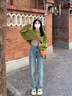 妃?，幮蓍e褲套裝女2025秋冬新款韓版時(shí)尚法式鹽系減齡甜美風(fēng)牛仔褲子 綠色毛衣+內搭+牛仔褲 M 曬單實(shí)拍圖