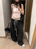 AAISUP假兩件蕾絲拼接雙腰頭休閑褲女2025年春秋寬松垂感顯瘦百搭闊腿褲 黑色 S 曬單實拍圖